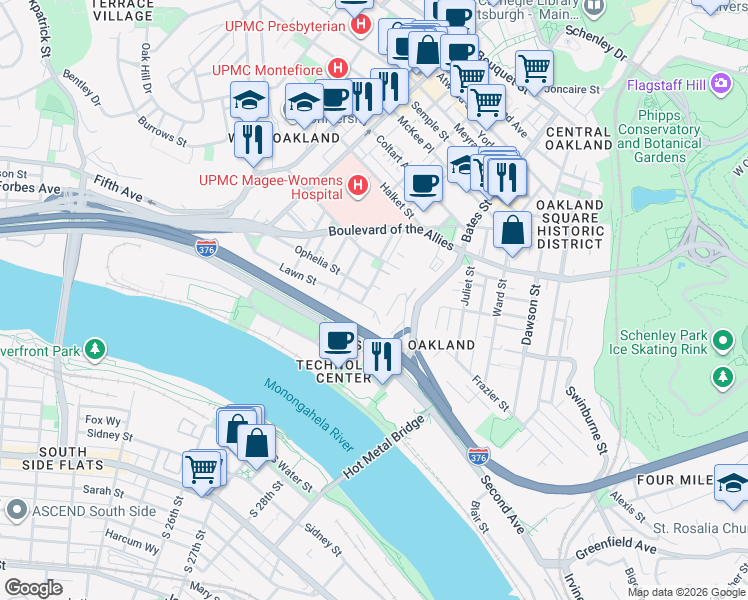 map of restaurants, bars, coffee shops, grocery stores, and more near 3201 Niagara Street in Pittsburgh