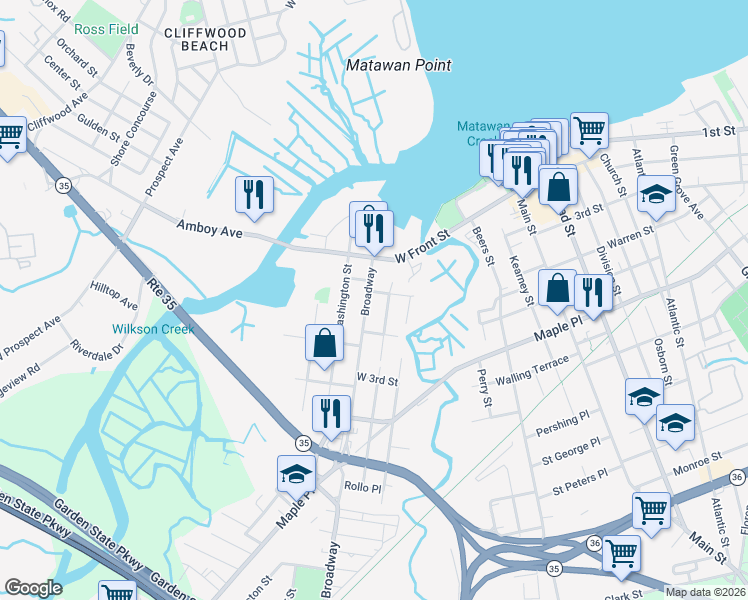 map of restaurants, bars, coffee shops, grocery stores, and more near 75 Broadway in Keyport