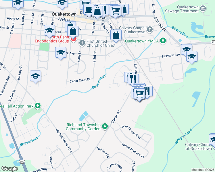 map of restaurants, bars, coffee shops, grocery stores, and more near 729 Waterway Court in Quakertown