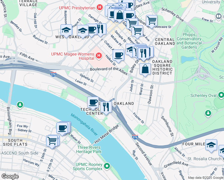 map of restaurants, bars, coffee shops, grocery stores, and more near 22 Mackey Street in Pittsburgh