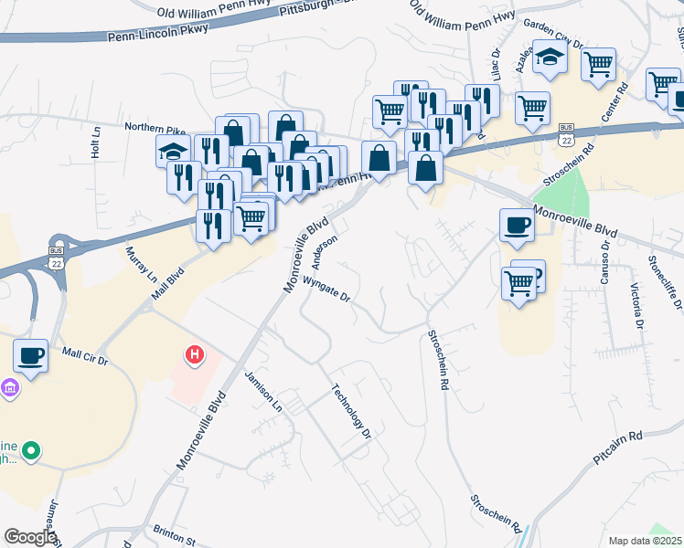 map of restaurants, bars, coffee shops, grocery stores, and more near 120 Wyngate Drive in Monroeville