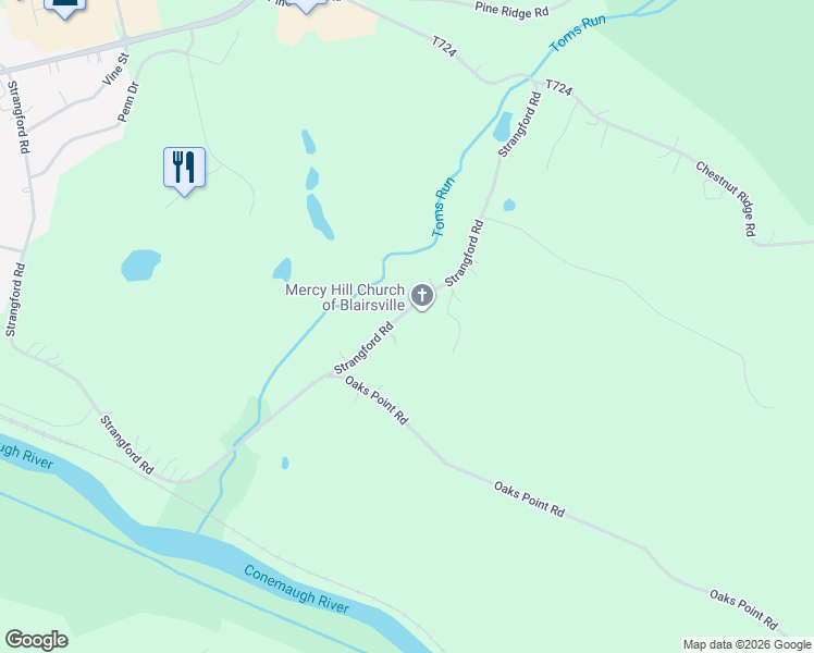 map of restaurants, bars, coffee shops, grocery stores, and more near 1666 Strangford Road in Blairsville