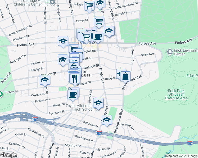 map of restaurants, bars, coffee shops, grocery stores, and more near 5898 Hobart Street in Pittsburgh