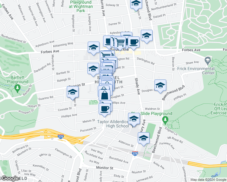 map of restaurants, bars, coffee shops, grocery stores, and more near 5837 Hobart Street in Pittsburgh