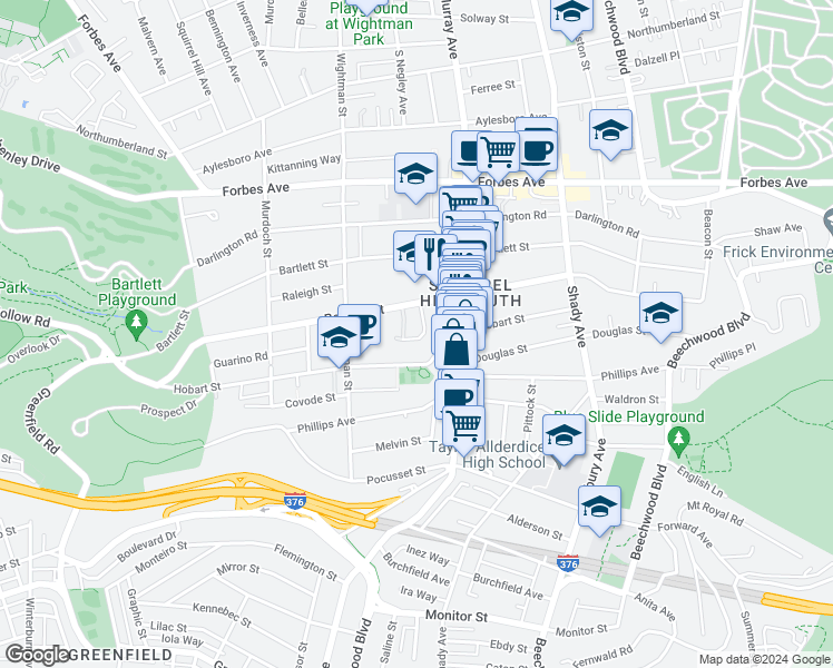 map of restaurants, bars, coffee shops, grocery stores, and more near 5728 Munhall Road in Pittsburgh