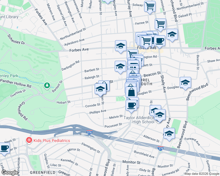 map of restaurants, bars, coffee shops, grocery stores, and more near 5640 Beacon Street in Pittsburgh