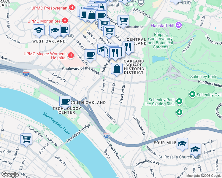 map of restaurants, bars, coffee shops, grocery stores, and more near 3328 Ward Street in Pittsburgh