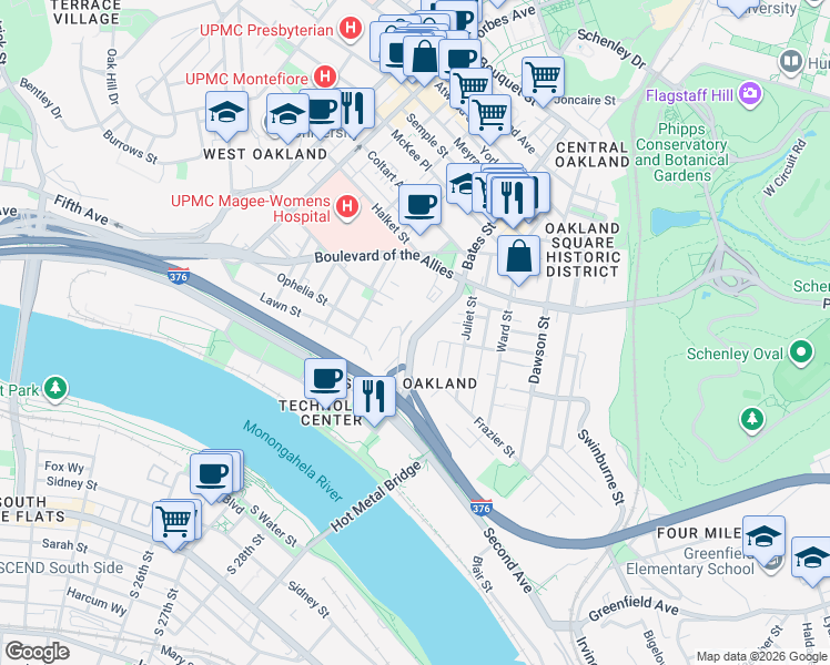 map of restaurants, bars, coffee shops, grocery stores, and more near 22 Mackey Street in Pittsburgh