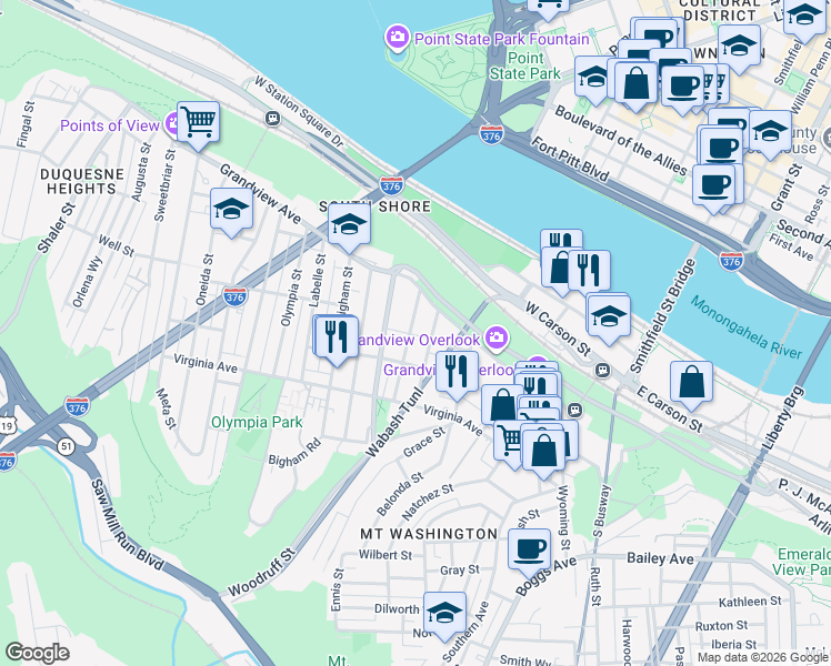 map of restaurants, bars, coffee shops, grocery stores, and more near 403 Grandview Avenue in Pittsburgh