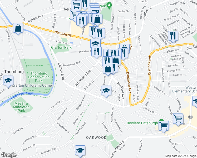 map of restaurants, bars, coffee shops, grocery stores, and more near 20 North Emily Street in Pittsburgh