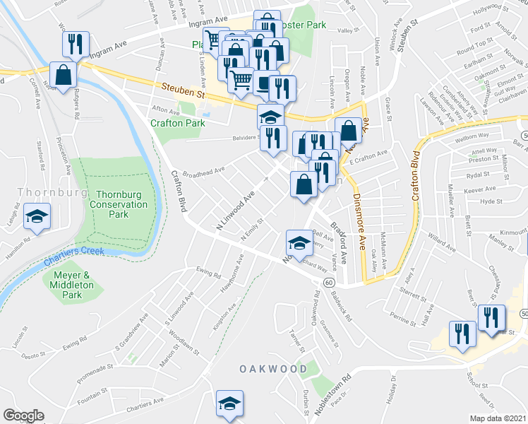 map of restaurants, bars, coffee shops, grocery stores, and more near 24 Warren Street in Crafton