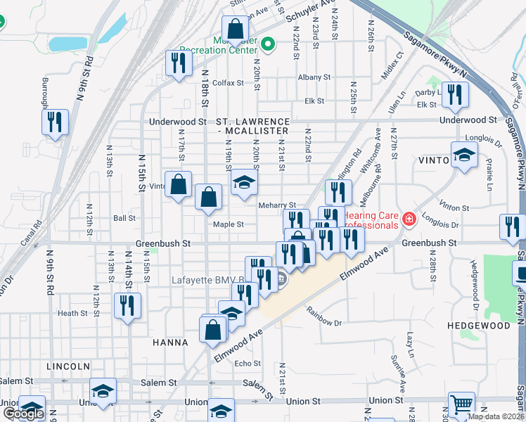 map of restaurants, bars, coffee shops, grocery stores, and more near 2004 Meharry Street in Lafayette