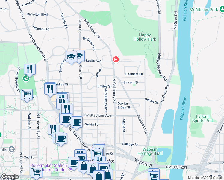map of restaurants, bars, coffee shops, grocery stores, and more near 850 North Salisbury Street in West Lafayette