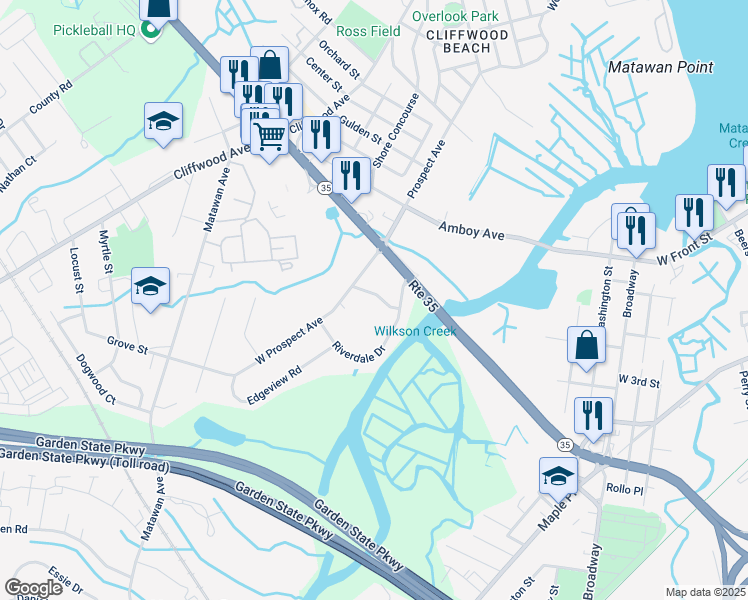 map of restaurants, bars, coffee shops, grocery stores, and more near 475 Hilltop Avenue in Keyport