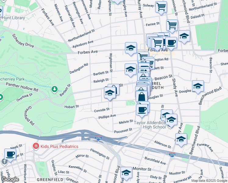 map of restaurants, bars, coffee shops, grocery stores, and more near in Pittsburgh