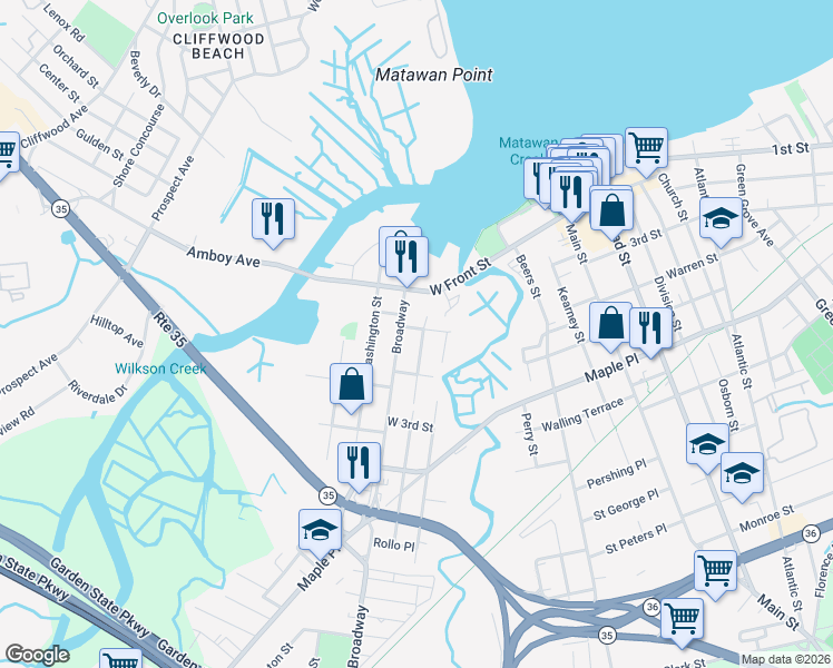 map of restaurants, bars, coffee shops, grocery stores, and more near 75 Broadway in Keyport