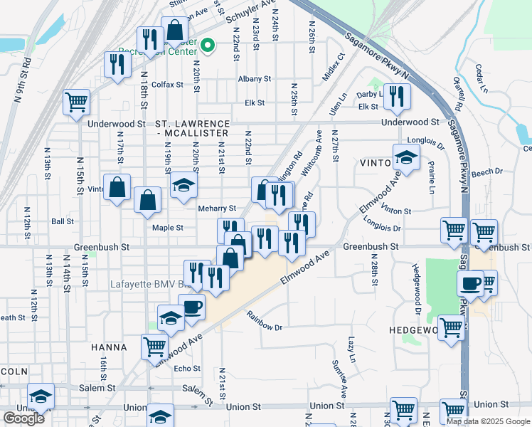 map of restaurants, bars, coffee shops, grocery stores, and more near 2200 Greenbush Street in Lafayette
