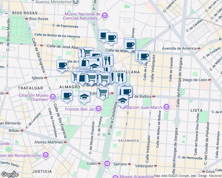 map of restaurants, bars, coffee shops, grocery stores, and more near 35 Paseo de la Castellana in Madrid