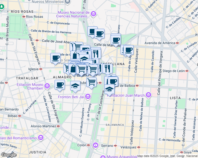 map of restaurants, bars, coffee shops, grocery stores, and more near 35 Paseo de la Castellana in Madrid