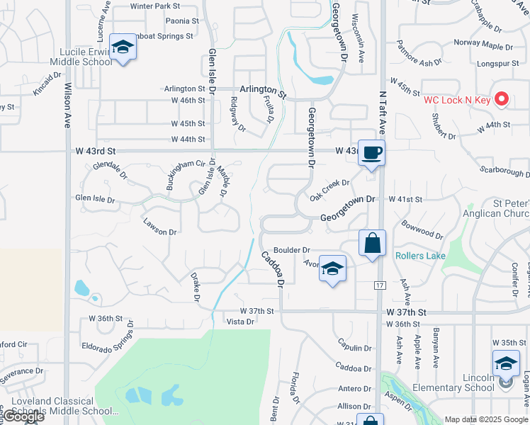 map of restaurants, bars, coffee shops, grocery stores, and more near 1846 Twin Lakes Circle in Loveland