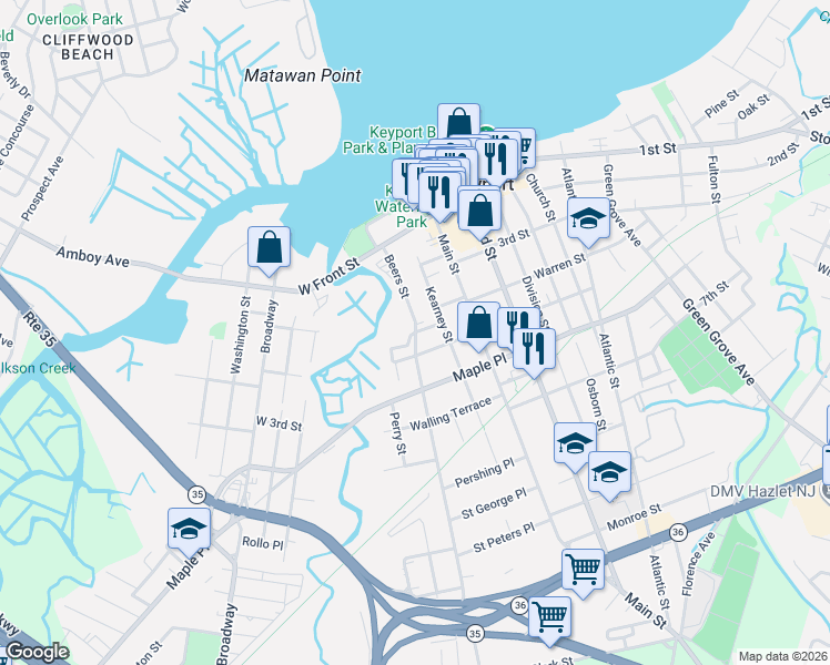 map of restaurants, bars, coffee shops, grocery stores, and more near Beers St & Short St in Keyport