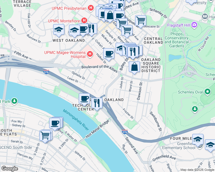 map of restaurants, bars, coffee shops, grocery stores, and more near 22 Mackey Street in Pittsburgh