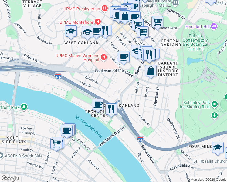 map of restaurants, bars, coffee shops, grocery stores, and more near 22 Mackey Street in Pittsburgh