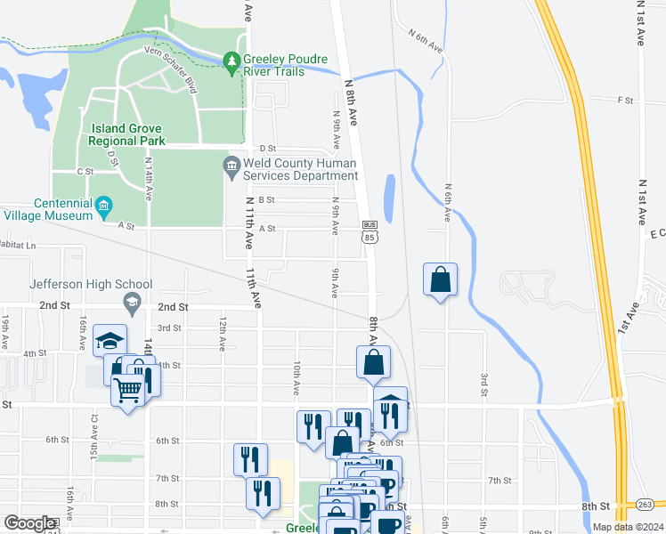map of restaurants, bars, coffee shops, grocery stores, and more near 123 9th Avenue in Greeley