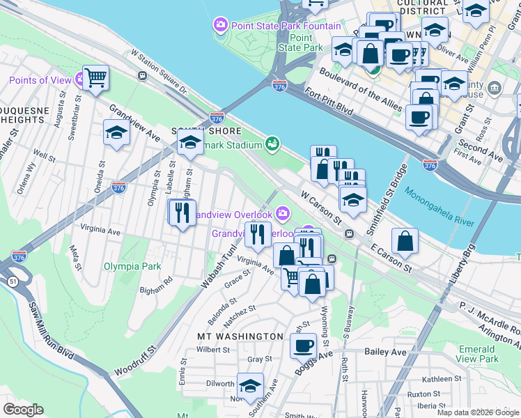 map of restaurants, bars, coffee shops, grocery stores, and more near 316 Grandview Avenue in Pittsburgh