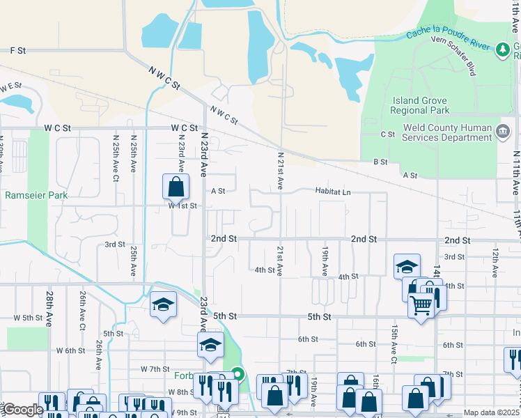 map of restaurants, bars, coffee shops, grocery stores, and more near 50 21st Street in Greeley