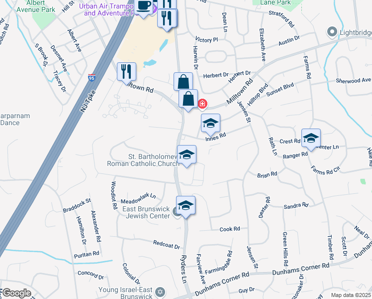 map of restaurants, bars, coffee shops, grocery stores, and more near 456 Ryders Lane in East Brunswick
