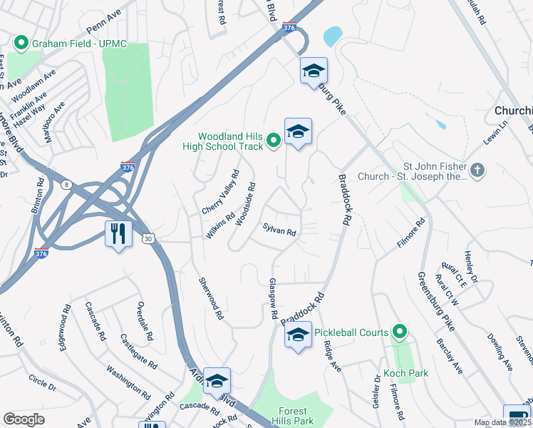 map of restaurants, bars, coffee shops, grocery stores, and more near 511 Woodside Road in Pittsburgh