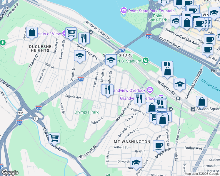 map of restaurants, bars, coffee shops, grocery stores, and more near 225 Bigham Street in Pittsburgh