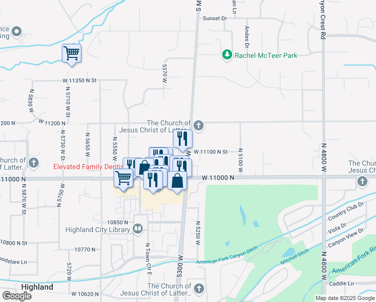 map of restaurants, bars, coffee shops, grocery stores, and more near 11121 5300 West in Highland