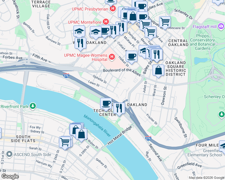 map of restaurants, bars, coffee shops, grocery stores, and more near 3201 Niagara Street in Pittsburgh