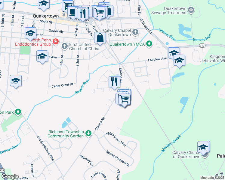 map of restaurants, bars, coffee shops, grocery stores, and more near 529 Westfield Court in Quakertown