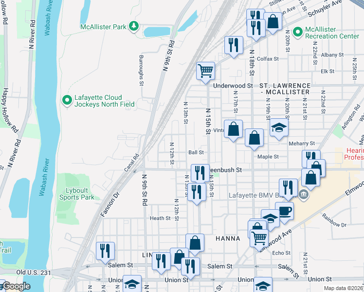 map of restaurants, bars, coffee shops, grocery stores, and more near 1617 North 12th Street in Lafayette