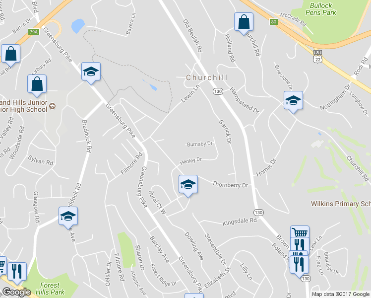 map of restaurants, bars, coffee shops, grocery stores, and more near 3810 Burnaby Dr in Churchill
