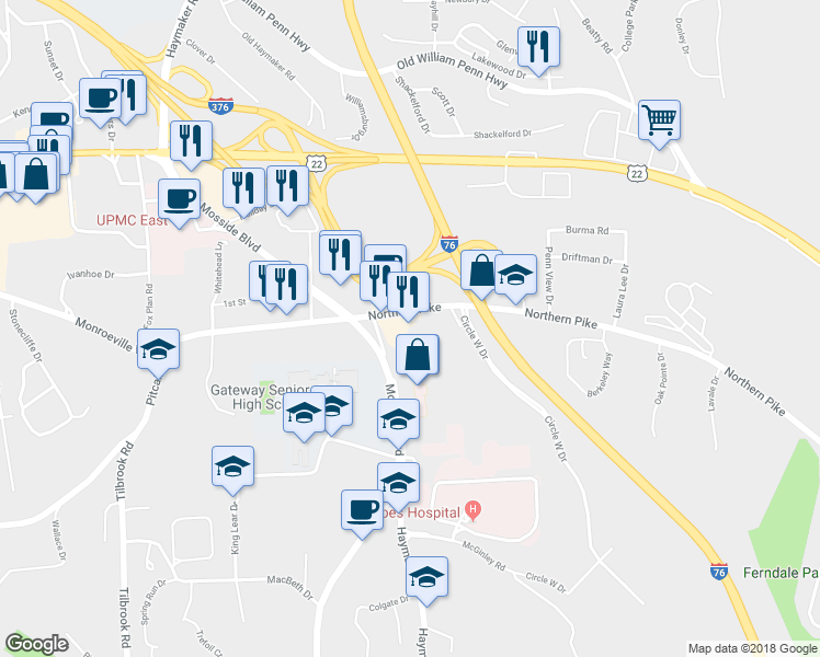 map of restaurants, bars, coffee shops, grocery stores, and more near 4320 Northern Pike in Monroeville