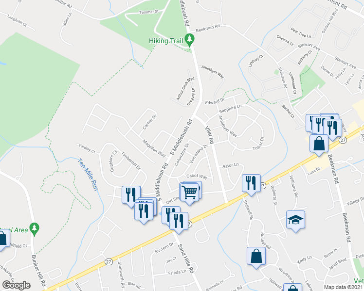 map of restaurants, bars, coffee shops, grocery stores, and more near 90 Columbus Drive in Franklin Township