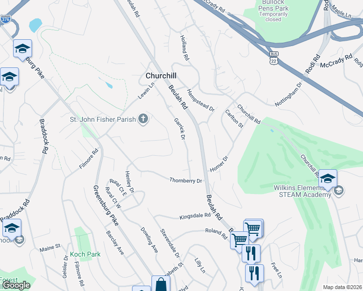 map of restaurants, bars, coffee shops, grocery stores, and more near 3868 Henley Drive in Pittsburgh