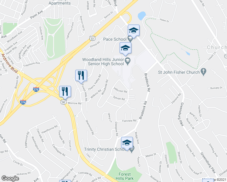 map of restaurants, bars, coffee shops, grocery stores, and more near 511 Woodside Road in Pittsburgh