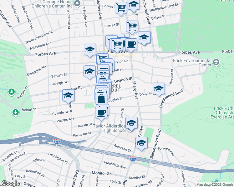 map of restaurants, bars, coffee shops, grocery stores, and more near 5837 Hobart Street in Pittsburgh