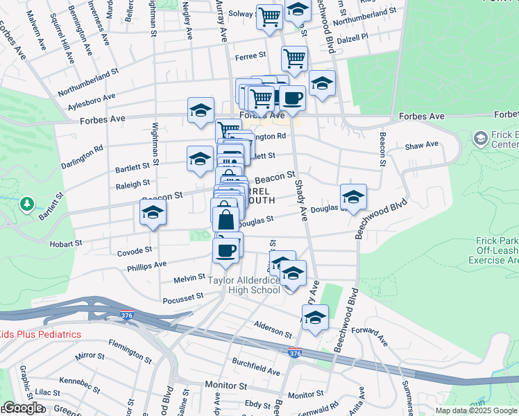 map of restaurants, bars, coffee shops, grocery stores, and more near 5837 Hobart Street in Pittsburgh