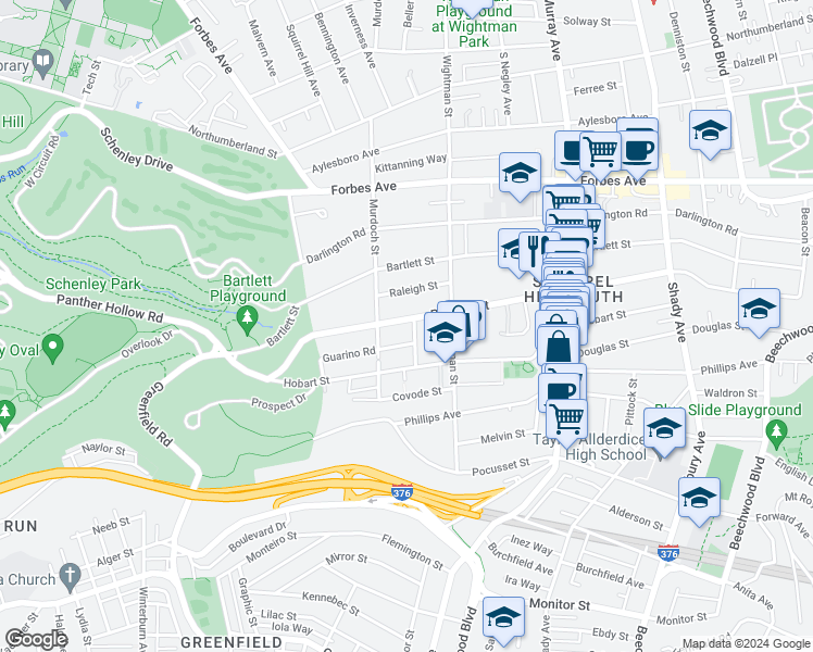 map of restaurants, bars, coffee shops, grocery stores, and more near 5539 Beacon Street in Pittsburgh