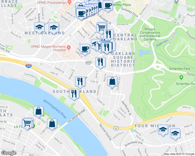 map of restaurants, bars, coffee shops, grocery stores, and more near 3326 Juliet Street in Pittsburgh