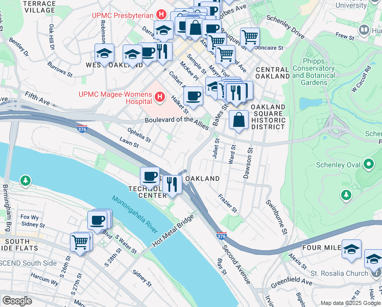 map of restaurants, bars, coffee shops, grocery stores, and more near 22 Mackey Street in Pittsburgh