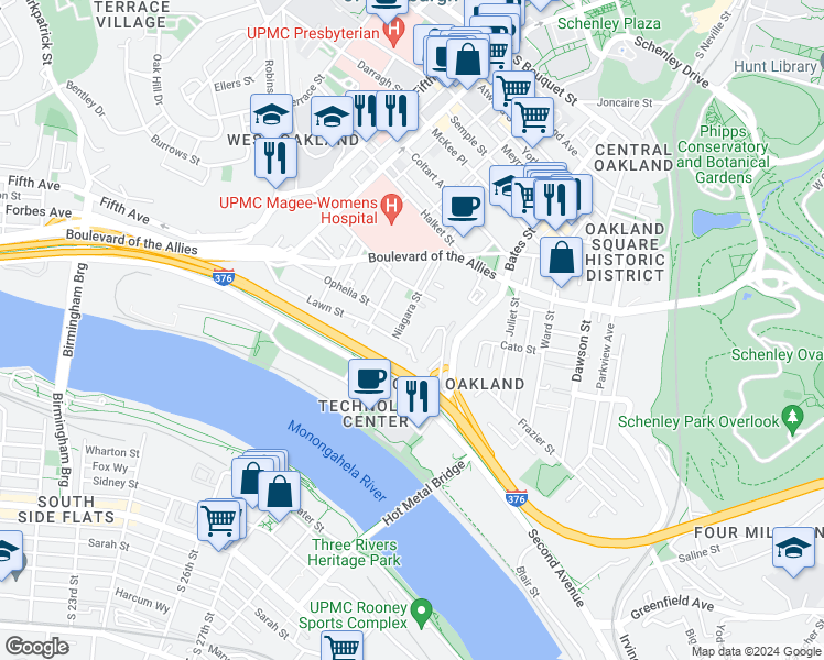 map of restaurants, bars, coffee shops, grocery stores, and more near 3201 Niagara Street in Pittsburgh