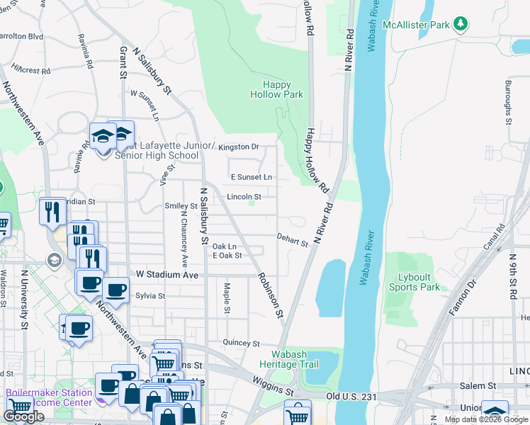 map of restaurants, bars, coffee shops, grocery stores, and more near 263 Lincoln St in West Lafayette