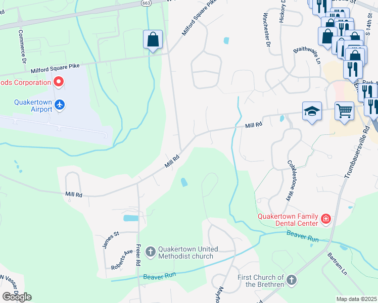 map of restaurants, bars, coffee shops, grocery stores, and more near 2585 Mill Road in Quakertown